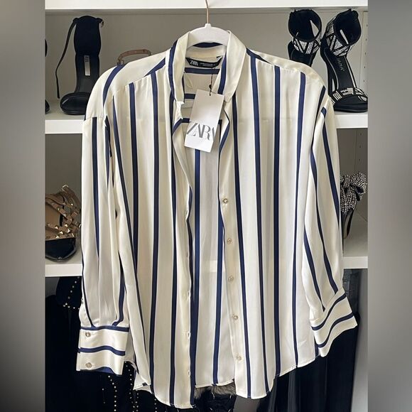 NWT Satin Effect Shirt ~ Navy Blue and Ivory Striped - Picture 9 of 14